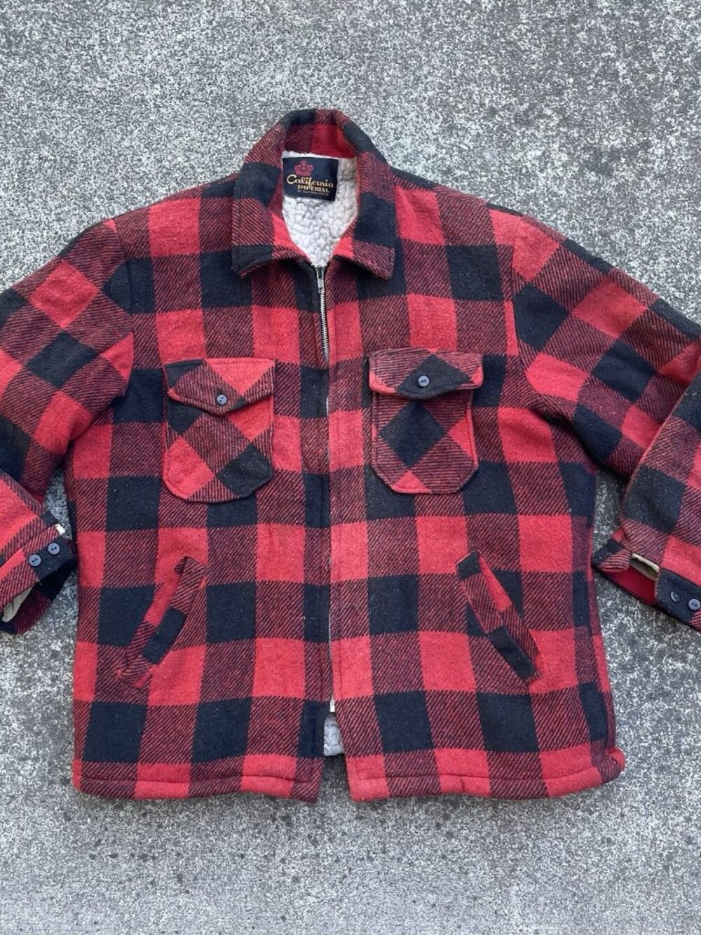 Vtg California Imperial Red Buffalo Plaid Wool Jacket Sherpa Lined USA Made XL